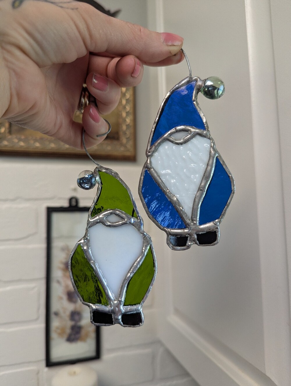 2 Handmade Stained Glass Gnome Ornaments Fairy Cottagecore Whimsy Decor Garden